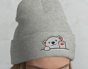 Polar Bear Cuffed Beanie / Embroidered Knit Head-Warming Hat / Waving Paw Bear Winter Kawaii Christmas Gift Bears Lovers /  One Size