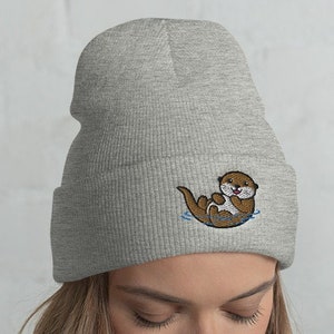 Happy Otter Cuffed Beanie / Embroidered Knit Head-Warming Hat / Winter Gift Cartoon Kawaii Smiling Otter Lover /  One Size Fits All
