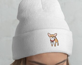 Embroidered Chihuahua Cuffed Beanie - Kawaii Cartoon Dog Hat