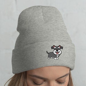 Mini Schnauzer Embroidered Beanie / Embroidery Knit Head-Warming Hat / Winter Gift Cartoon Kawaii Black White Dog Lovers / One Size Fits All