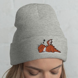 Lazy Dragon Cuffed Beanie / Embroidered Knit Head-Warming Hat / Winter Cartoon Kawaii Gift Cute Dragon Sleeping Lovers /  One Size