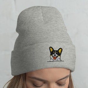 Tricolor Corgi Embroidered Beanie / Embroidery Knit Head-Warming Hat / Winter Gift Cartoon Kawaii Corgi Dog Head Lovers / One Size Fits All