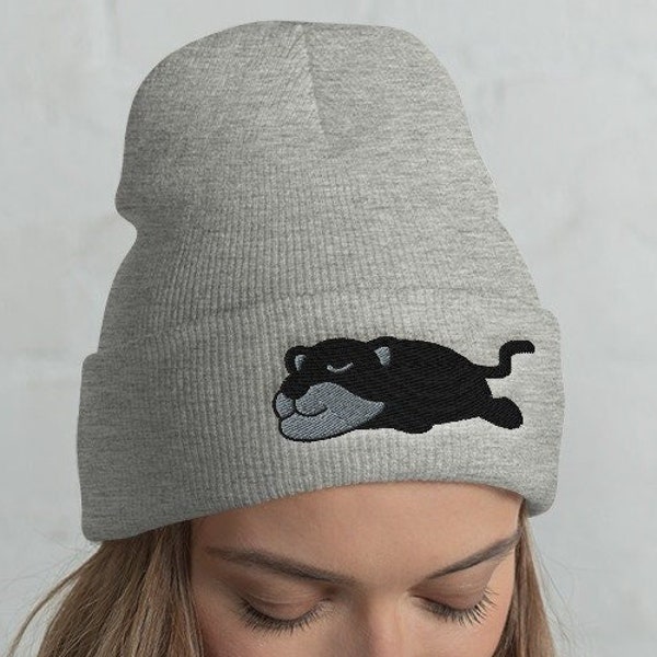 Lazy Black Panther Cuffed Beanie / Embroidered Winter Head-Warming Hat / Kawaii Animal Gift Black Panther Lovers /  One Size