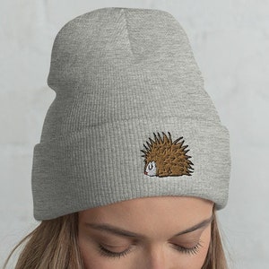 Lazy Porcupine Cuffed Beanie / Embroidered Knit Head-Warming Hat / Winter Gift Cartoon Kawaii Cute Porcupine Lovers /  One Size