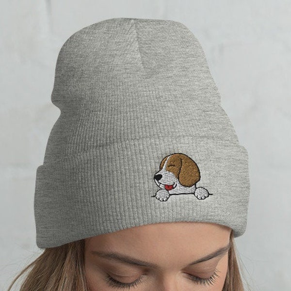 Beagle Cuffed Beanie / Embroidered Beagle Head-Warming Hat / Peeking Dog Winter Christmas Kawaii Gift Beagle Lover /  One Size
