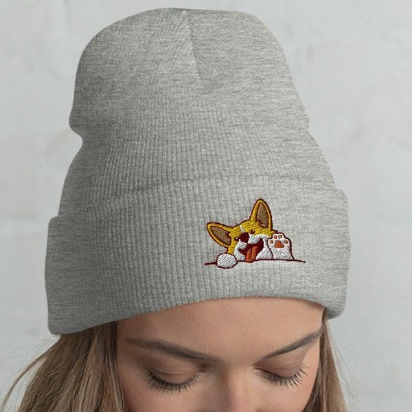Red Corgi Cuffed Beanie / Embroidered Corgi Head-Warming Hat / Funny Corgi Dog Winter Christmas Kawaii Gift Corgi Lover /  One Size
