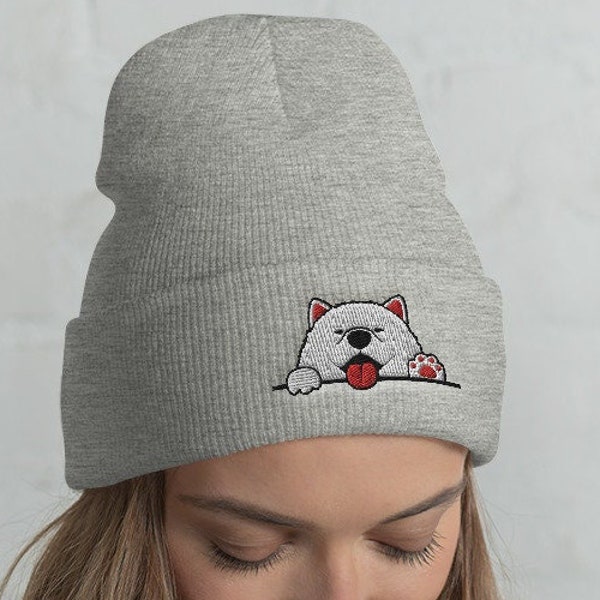 Samoyed Cuffed Beanie / Embroidered Samoyed Head-Warming Hat / Peek Dog Winter Christmas Kawaii Gift For Samoyed Lover /  One Size