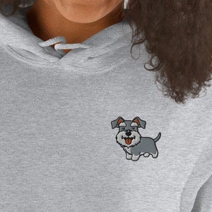 May include: A gray hoodie with a small embroidered image of a gray and white schnauzer dog on the left chest.