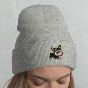 Tricolor Corgi Embroidered Beanie / Embroidery Knit Head-Warming Hat / Winter Gift Cartoon Kawaii Tri Corgi Dog Lovers / One Size Fits All