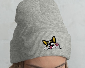 Embroidered Corgi Cuffed Beanie, Funny Winter Hat