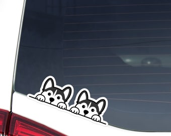 Custom Two Husky Peeking Car Decal - Personalized Dog Name, Waterproof Sticker