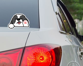 Black & White Shih Tzu Car Sticker / Peeker Smiling Dog Shih Tzu Waving Paw Decal Vinyl Car Bumper Weather Resistant / (Outdoor + Indoor)
