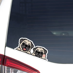 Custom Two Pugs Car Decal Sticker / Personalized Peeking Pug Dog Waving Paws / Vinyl Waterproof Car Bumper Window  Removable Outdoor Decal