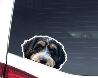 Tricolor Bernedoodle Car Decal: Peeking Dog Head Waterproof Sticker