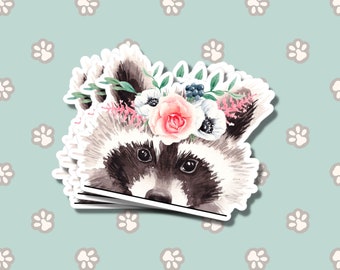 Raccoon Wreath Car Decal Sticker / Peeking Watercolor Raccoon Flowers Head / Vinyl Waterptroof Removable One Item / Bumper Window Laptop