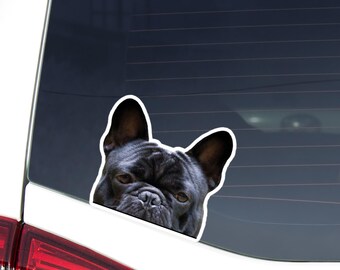 French Bulldog Car Decal - Peeking Black Frenchie Dog Head, Waterproof Sticker