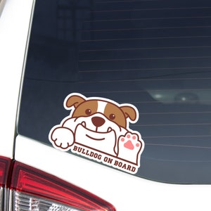 English Bulldog On Board Car Decal Sticker /  Peek Smiling Bulldog Waving Paw / Vinyl Waterproof Bumper Window Car Decal (Outdoor + Indoor)
