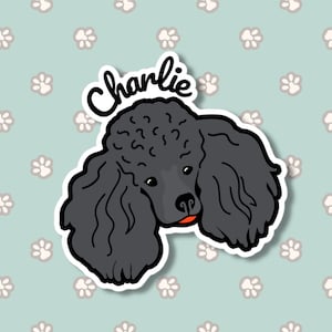 Personalized Black Poodle Car Sticker Decal / Kawaii Dog Head Face Custom Name / Vinyl Waterproof Removable Outdoor / Window Bumper Laptop