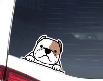 May include: A white and brown cartoon bulldog peeking over a white surface. The bulldog has a black nose and black eyes.