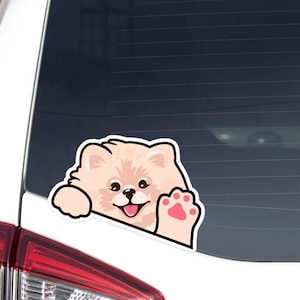 Custom Cream Pomeranian Spitz Car Decal / Peeking Kawaii German Dog Waving Paw Bumper Window Laptop / Waterproof Removable Outdoor