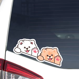 Two Pomeranian Spitz Car Decal Sticker / Peeking Kawaii Pom Dogs Waving Paw Head / Bumper Window Laptop / Vinyl Waterproof Removable Outdoor