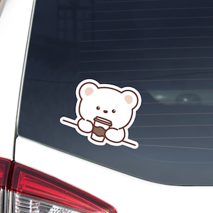 Polar Bear With Coffee Car Decal Sticker / Kawaii Peeking Cartoon White Bear Head / Vinyl Waterproof Removable Outdoor Bumper Window Laptop