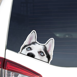 Realistic Black Husky Sticker Decal / Peeking Siberian Husky Blue Eyes Window Bumper Laptop / Dog Vinyl Removable Waterproof Outdoor