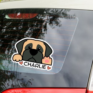 Bullmastiff Car Sticker Decal / Personalized Name / Peeking Bullmastiff Head / Vinyl Waterproof 2" X 3"-9" X 14" Sheet Size / Bumper Window