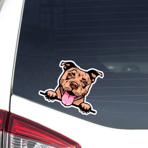 Tan Pitbull Car Decal Sticker / Peeking Pittie Dog Vinyl Car Bumper Window Laptop  / Waterproof Removable Outdoor Decal
