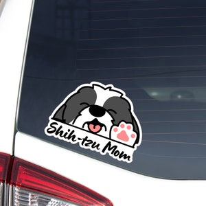 Shih Tzu Mom Car Sticker / Kawaii Peeking Smiling Black & White Shih Tzu Dog Decal Vinyl Car Window Bumper Waterproof Outdoor Removable