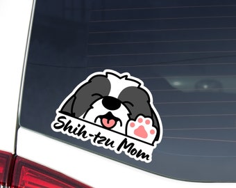 Shih Tzu Mom Car Sticker / Kawaii Peeking Smiling Black & White Shih Tzu Dog Decal Vinyl Car Window Bumper Waterproof Outdoor Removable