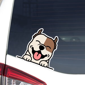 Pitbull With Brown Patch Car Decal Sticker / Peeking Pittie Smiling Dog Vinyl Bumper Window Laptop Bottle / Waterproof (Outdoor + Indoor)