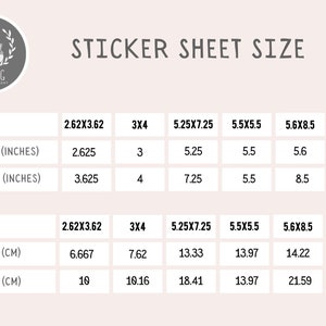 May include: A chart showing the dimensions of sticker sheets in inches and centimeters. The chart lists the width and height of sticker sheets in various sizes, including 2.62 x 3.62 inches, 3 x 4 inches, 5.25 x 7.25 inches, 5.5 x 5.5 inches, 5.6 x 8.5 inches, and 9.8 x 14 inches.
