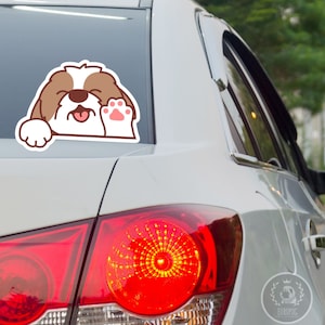 Gold & White Shih Tzu Car Sticker / Peeker Smiling Dog Shih Tzu Waving Paw Decal Vinyl Car Bumper Weather Resistant /  (Outdoor + Indoor)