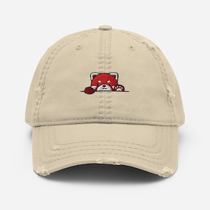 Red Panda Dad Hat / Embroidered Red Panda Waving Paw Distressed Baseball Cap / Gift for Animals Lover, Owner, Mom, Dad / Mama Clothes Outfit