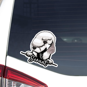 Bedlington Terrier Car Decal / Peeking Cartoon White Dog Head Face / Vinyl Waterproof Bumper Window Sticker / Personalized Custom Pet Name