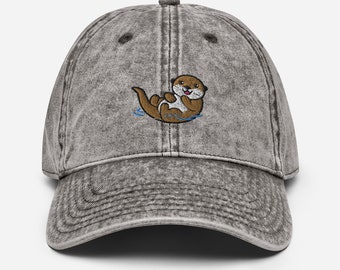 Happy Otter Dad Hat / Embroidered Otter Cap / Vintage Style Baseball Cap / Wild Animal Gift / Funny Cute Kawaii Cartoon Smiling Otter