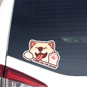 Cream Shiba Inu On Board Car Decal Sticker / Custom Name / Peeking Dog Head Waving Paw / Vinyl Waterproof Removable / Bumper Window Laptop