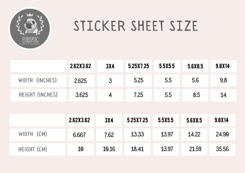 May include: A sticker sheet size chart with measurements in inches and centimeters. The chart includes sizes like 2.62x3.62 inches (6.667x10 cm), 3x4 inches (7.62x10.16 cm), and up to 9.8x14 inches (24.90x35.56 cm). The EuroPug logo is in the upper left corner.
