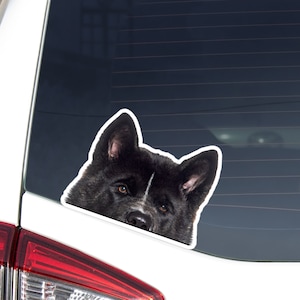 Black American Akita Inu Car Sticker Decal / Peeking Photo Dog Head Face / Vinyl Waterproof Removable Outdoor / Bumper Window Laptop