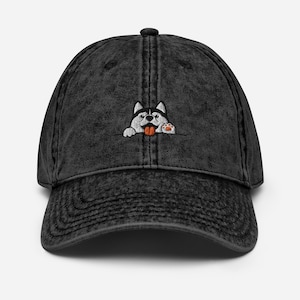 Embroidered Black Husky Dad Hat / Peeking Husky Cap / Vintage Style Baseball Cap / Dog Animal Gift / Funny Cute Kawaii Cartoon