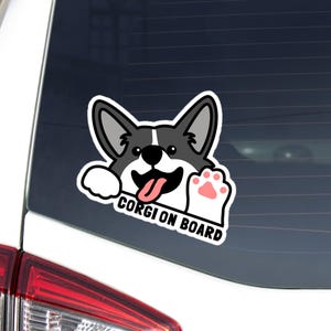 Corgi On Board Car Decal Sticker / Peeking Cartoon Black&White Dog Head Face / Corgi Waving Paw / Vinyl Waterproof Outdoor / Window Bumper