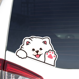 Custom White Pomeranian Spitz Car Decal / Peeking Kawaii German Dog Waving Paw Bumper Window Laptop / Vinyl  Waterproof Removable Outdoor