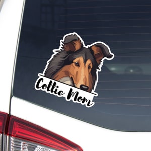 Rough Collie Mom Car Sticker Decal / Peeking Tricolor Rough Collie Dog Head Paws / Vinyl Waterproof Removable Outdoor / Window Bumper Laptop