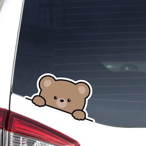 Brown Bear Car Decal Sticker / Kawaii Peeking Cartoon Bear Waving Paw Head Face / Vinyl Waterproof Removable Outdoor / Bumper Window Laptop