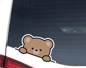 Brown Bear Car Decal Sticker / Kawaii Peeking Cartoon Bear Waving Paw Head Face / Vinyl Waterproof Removable Outdoor / Bumper Window Laptop