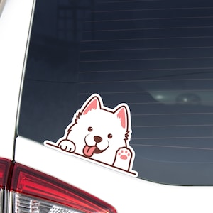 Funny Samoyed Car Decal Sticker / Kawaii Peeking Samoyed Dog Waving Paw / Vinyl Waterproof Removable Outdoor / Bumper Window Laptop Bottle