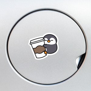 Cute Penguin Car Sticker Decal / Cartoon Kawaii Penguin Loves Coffee / Vinyl Waterproof Removable Outdoor Bumper Window Laptop Bottle