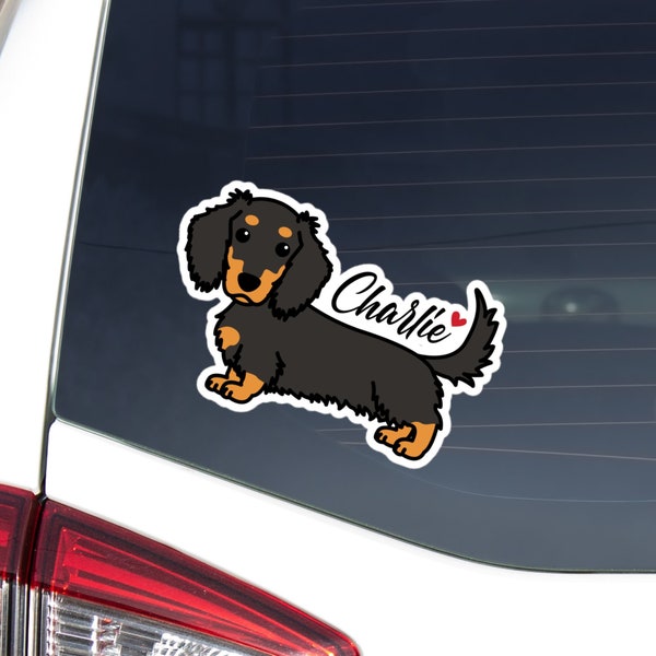 Personalized Black Tan Dachshund Car Sticker Decal / Kawaii Long Haired Dog / Vinyl Waterproof Removable Outdoor / Window Bumper Laptop