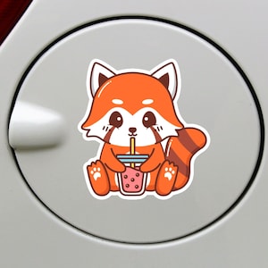 Red Panda Boba Car Decal / Kawaii Anime Panda Drinking Bubble Tea Car Sticker / Vinyl Waterproof Bumper Window Bottle / Outdoor + Indoor